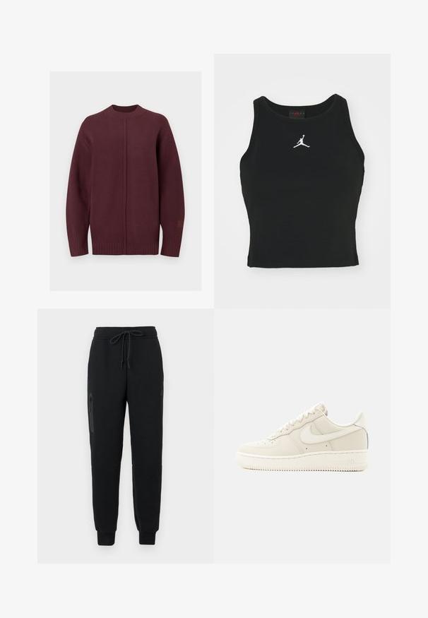 Burgunderfarbener Strickpullover mit rundem Ausschnitt, überschnittenen Schultern, gerippten Bündchen und Saum, mit einem dezenten Nahtdetail an der Vorderseite.; Schwarzes, figurbetontes Tanktop aus Baumwolle, mit rundem Halsausschnitt und einem weißen Jordan-Logo, das in der Mitte auf der Vorderseite gestickt ist. Glatte Textur.; Schwarze Sweatpants mit einem Kordelzugbund, seitlichem Reißverschlusstaschen und schmal zulaufenden Säumen. Hergestellt aus weichem, strukturiertem Stoff.; Beige Nike Air Force 1 Sneaker in niedrigem Schnitt mit Schnürverschluss und Gummisohle, von der Außenseite vor weißem Hintergrund gezeigt.