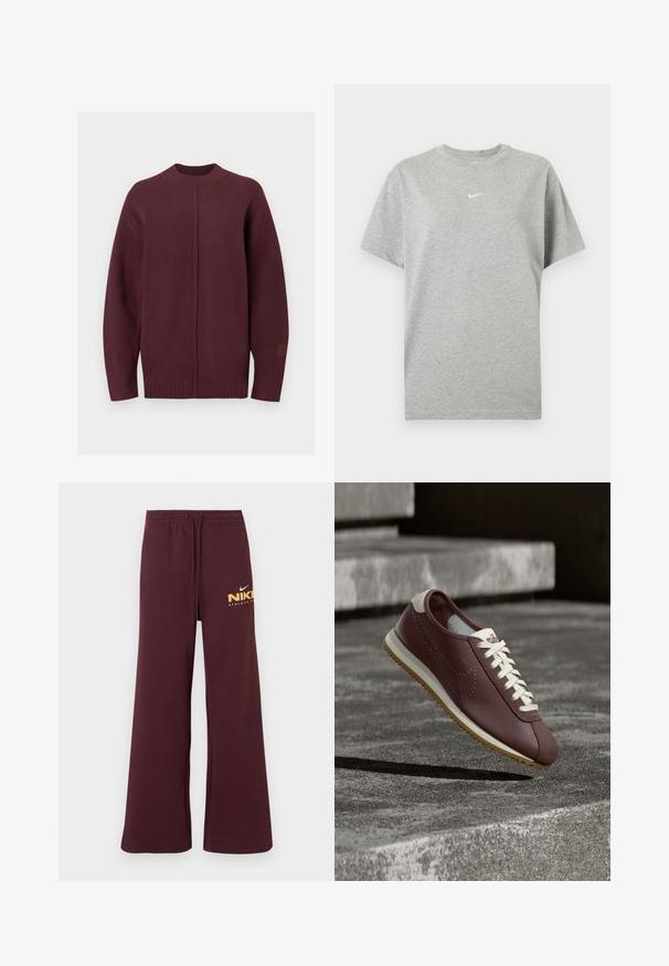Pull en maille bordeaux avec un col rond, des épaules tombantes, des bords-côtes aux poignets et à l'ourlet, présentant un subtil détail de couture sur le devant.; T-shirt gris en coton à manches courtes avec col rond et petit logo Nike swoosh blanc centré sur la poitrine.; Pantalon de survêtement larges couleur bordeaux avec taille à cordon, arborant un petit logo Nike blanc et jaune ainsi que le texte "Athletic Club" sur la cuisse droite.; Baskets Nike bordeaux avec lacets blancs et semelle beige suspendues au-dessus de marches en béton gris en plein air.