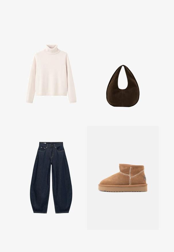 Lyserød turtleneck sweater lavet af blødt strikket stof, har ribbet krave og manchetter, med en afslappet pasform og minimalistisk design.; Mørkeblå vidde jeans med frontlommer, bæltestropper og knaplukning i taljen.; Brune ruskinds ankelstøvler med rund tå, hvid dekorativ syning og en tan gummisål med et zigzag-mønster.; Mørkebrun ruskind skuldertaske formet som en halvmåne med en bred rem og glat tekstur på en hvid baggrund.