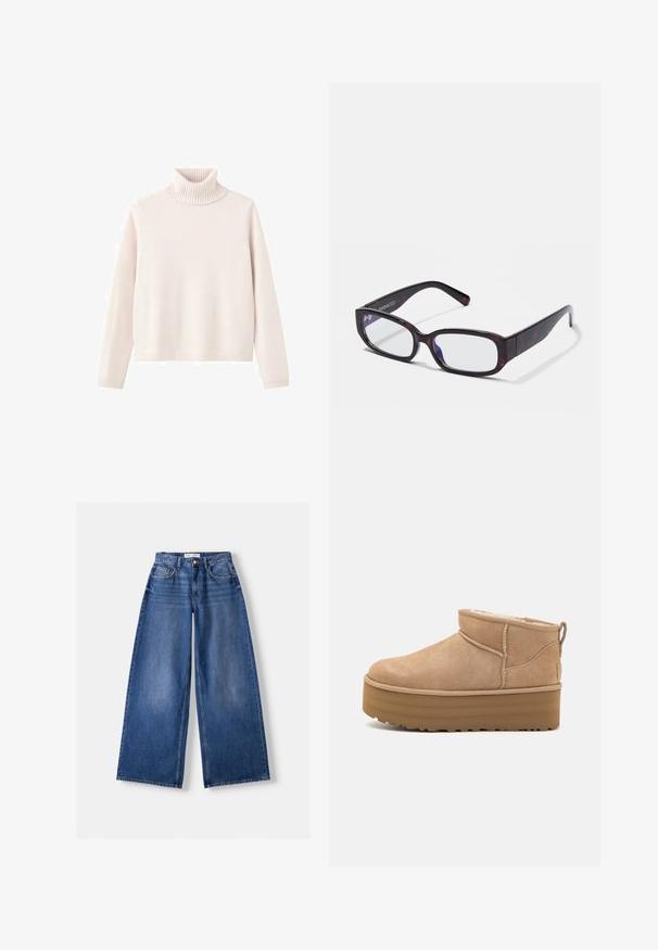 Lyserød turtleneck sweater lavet af blødt strikket stof, har ribbet krave og manchetter, med en afslappet pasform og minimalistisk design.; Bredbenet blå denimjeans med forlommer, bæltestropper og knaplukning, lagt fladt på en lys baggrund.; Beige ruskinds ankelstøvler med et blødt indre, der har en platformssål og en strop bagpå for nem påtagning. Tekstureret gummisål.; Brune skildpadde-rektangulære briller med klare linser og slanke arme, der viser en glat tekstur og minimalistisk design.
