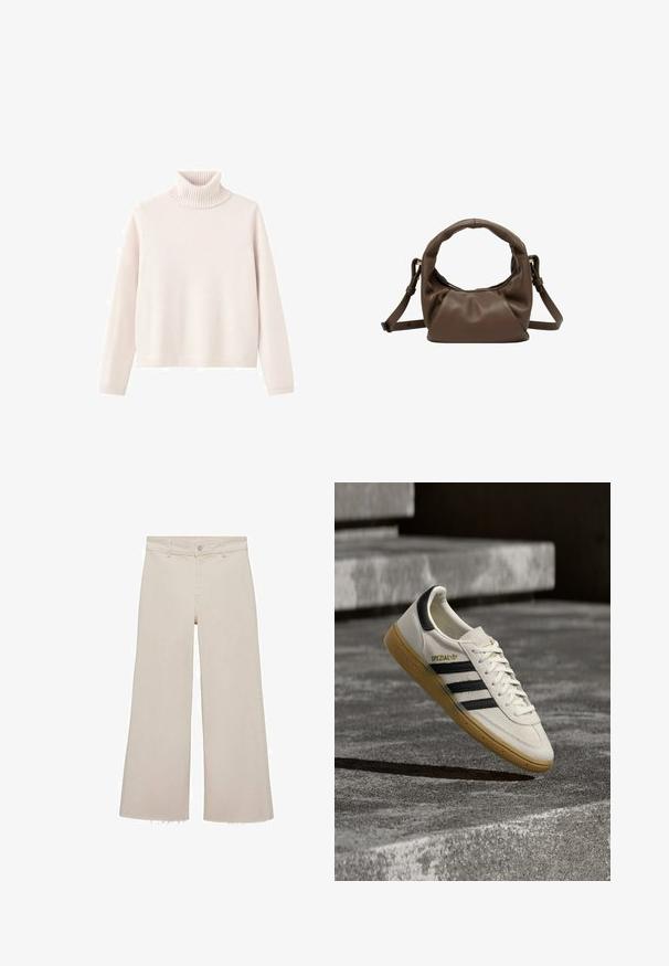 Lyserød turtleneck sweater lavet af blødt strikket stof, har ribbet krave og manchetter, med en afslappet pasform og minimalistisk design.; Beige brede jeans med høj talje, lavet af denimstof. Har en rå kant forneden samt en frontknap og lynlås lukning.; Hvid Adidas Spezial sneaker med sorte striber og gummisål, svævende over grå stentrin udendørs.; Brun læder håndtaske med en afrundet top, samlet design, justerbar rem og subtilt præget logo på fronten. Blød tekstur.