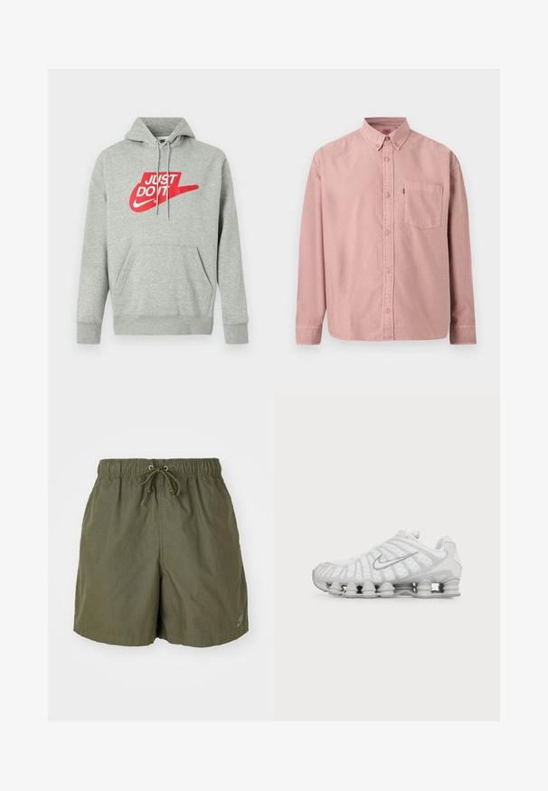 Helehall hall puuvillane kapuutsiga dressipluus esikotiga, millel on suurt punast "JUST DO IT" logo ja Nike Swoosh graafika rinnal.; Pikad varrukad, roosast kangast nööpidega särk, millel on esil tasku ja nööbitav krae, esitletud ühevärvilise tausta ees.; Oliivrohelised lühikesed püksid elastse vöökoha ja reguleeritava nööriga, küljetaskudega. Valmistatud kergest kangast, millel on peen sära.; Valge Nike jooksujalats nähtava õhupadjaga tallaga ja hõbedase Swooshi logoga küljel, nähtav välisküljelt.
