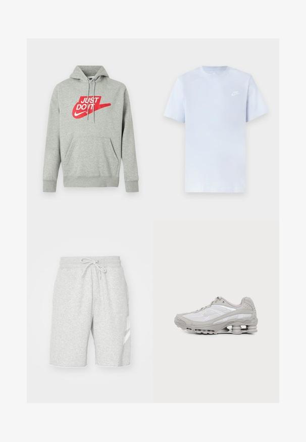 Lichtgrijze katoenen hoodie met een voorzak, voorzien van een grote rode "JUST DO IT"-logo en Nike Swoosh-afbeelding op de borst.; Lichtblauwe katoenen t-shirt met korte mouwen, ronde hals en een wit Nike-logo gedrukt op de linkerborst. Glad textuur, eenvoudig ontwerp.; Heren grijze sweatshorts van zacht katoen, met een elastische tailleband met trekkoord, zijzakken en een witte logo-detail.; Grijze en witte sportschoen met zichtbare luchtkussenzool en meshpanelen, in profiel weergegeven op een eenvoudige lichte achtergrond.