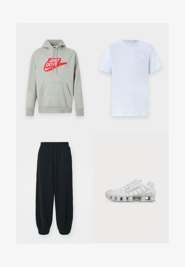 Lysegrå bomulds-hoodie med lomme foran, med stort rødt "JUST DO IT"-logo og Nike Swoosh-grafik på brystet.; Lyseblå bomulds t-shirt med korte ærmer, rund hals og et hvidt Nike-logo trykt på venstre bryst. Glat tekstur, simpelt design.; Sorte svedbukser med elastisk talje, løs pasform, afsluttede ankler, glat tekstur og uden synlige mønstre eller hardware-detaljer.; Hvid Nike sneaker med karakteristisk bølget design og fjederlignende polstring under sålen, set fra siden på en ensfarvet baggrund.