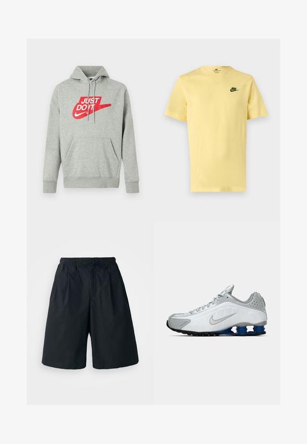 Sudadera con capucha de algodón gris claro con un bolsillo frontal, que presenta un gran logo rojo "JUST DO IT" y el gráfico del Swoosh de Nike en el pecho.; Camiseta Nike de manga corta de color amarillo pálido con el logo verde de Nike en el pecho izquierdo, mostrada sobre un fondo liso y claro.; Pantalones cortos negros con cintura elástica y cordón ajustable. Hechos de una tela suave, con un corte holgado y sin patrones visibles.; Zapatilla de running Nike en blanco y gris con el swoosh plateado, unidades de suela azul en forma de resorte y banda de rodadura negra sobre un fondo liso.