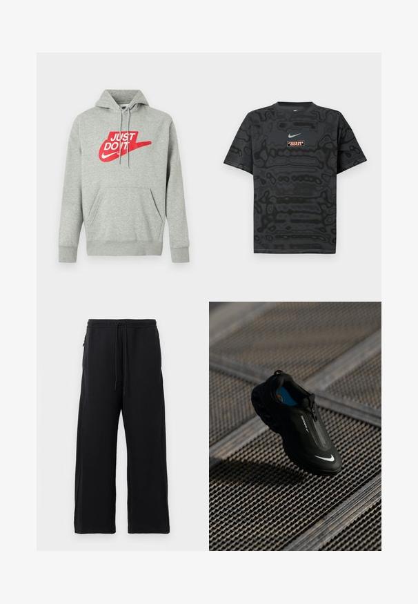 Svetlosivé bavlnené mikina s kapucňou s predným vreckom, na hrudi s veľkým červeným nápisom "JUST DO IT" a grafikou loga Nike Swoosh.; Čierne tričko s textúrovaným vzorom, s malým logom Nike v svetlomodrej farbe a obdĺžnikovou nášivkou s logom v kontrastných farbách.; Čierne tepláky z jemného materiálu, s nastaviteľným pásom, širokým strihom a bočnými vreckami s hladkým povrchom.; Čierne tenisky Nike Air Max s elegantným dizajnom, zipsovým uzatváraním, textúrovaným zvrškom a výrazným bielym logom na boku, umiestnené na pozadí s mriežkou.