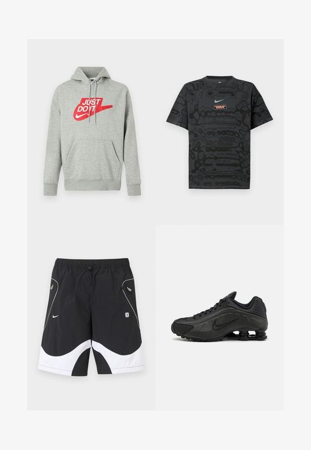 Sweat à capuche en coton gris clair avec une poche avant, arborant un grand logo rouge "JUST DO IT" et un graphisme Nike Swoosh sur la poitrine.; T-shirt noir avec un motif texturé, arborant un petit logo Nike en bleu clair et un écusson rectangulaire aux couleurs contrastantes.; Shorts de sport Nike noir et blanc avec taille élastique, cordon de serrage, poches latérales zippées et garniture réfléchissante sur les panneaux avant.; Baskets de course noires avec une tige en synthétique lisse, des accents perforés, des panneaux latéraux texturés et une semelle distincte et rebondissante.