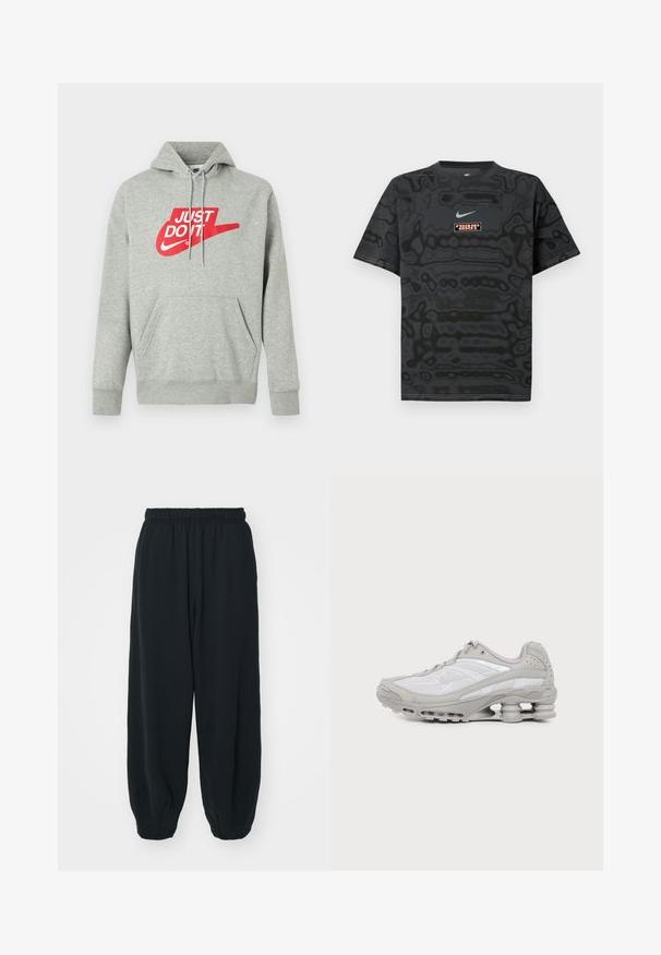 Lysegrå bomulds-hoodie med lomme foran, med stort rødt "JUST DO IT"-logo og Nike Swoosh-grafik på brystet.; Sort T-shirt med et tekstureret mønster, der har en lille Nike-logo i lyseblå og en rektangulær logo-patch i kontrastfarver.; Sorte svedbukser med elastisk talje, løs pasform, afsluttede ankler, glat tekstur og uden synlige mønstre eller hardware-detaljer.; Grå og hvid atletiksko med synlig luftpolstret sål og mesh-paneler, vist i profil på en ensartet lys baggrund.