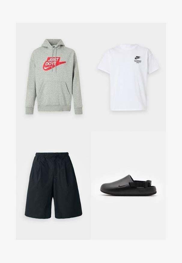 Sudadera con capucha de algodón gris claro con un bolsillo frontal, que presenta un gran logo rojo "JUST DO IT" y el gráfico del Swoosh de Nike en el pecho.; Camiseta blanca de manga corta Nike con logo negro "Nike" y texto "Authorized Personnel Only" en el lado izquierdo del pecho.; Pantalones cortos negros con cintura elástica y cordón ajustable. Hechos de una tela suave, con un corte holgado y sin patrones visibles.; Zuecos negros moldeados con una textura suave, correa trasera para mayor estabilidad y suela acanalada para un buen agarre. Presenta un pequeño logo lateral.