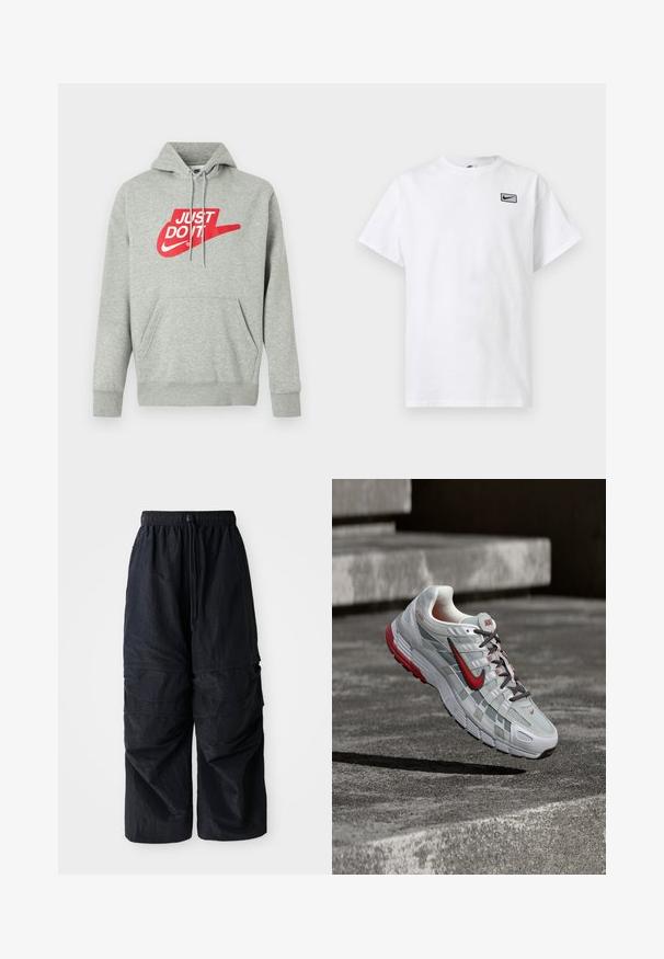 Lichtgrijze katoenen hoodie met een voorzak, voorzien van een grote rode "JUST DO IT"-logo en Nike Swoosh-afbeelding op de borst.; Wit T-shirt met korte mouwen en ronde hals, met een klein zwart Nike swoosh-logo in een rechthoek op de linkerborst.; Zwarte lichtgewicht nylon cargo pants met elastische tailleband, verstelbare trekkoord en meerdere gelaagde zakken op de benen.; Witte en grijze Nike hardloopschoen met rode accenten en zwarte veters, hangend boven grijze betonnen treden.