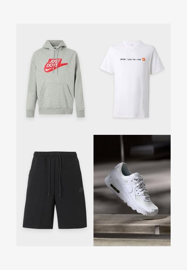 Sweat à capuche en coton gris clair avec une poche avant, arborant un grand logo rouge "JUST DO IT" et un graphisme Nike Swoosh sur la poitrine.; T-shirt blanc à manches courtes avec le texte "Nike Sportswear" en gris et bleu marine et un logo Nike orange sur la poitrine.; Shorts de sport noirs Nike avec taille élastique, cordon de serrage, poches latérales et logo discret sur la cuisse gauche.; Sneaker Nike Air Max 90 blanche avec une tige en mesh et cuir, une boîte à orteils perforée et une unité air visible au talon.