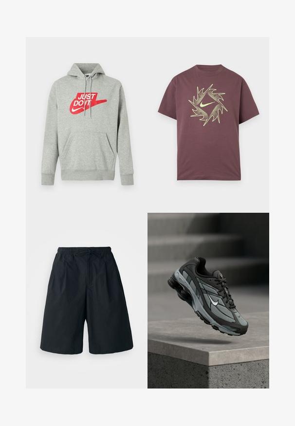 Lysegrå bomulds-hoodie med lomme foran, med stort rødt "JUST DO IT"-logo og Nike Swoosh-grafik på brystet.; Kortærmet bordeaux T-shirt med et abstrakt, neon gult, spidset cirkeldesign og en central swoosh-logo på brystet.; Sorte shorts med elastisk talje og justerbar snor. Lavet af et glat stof, med en løs pasform og uden synlige mønstre.; Grå og sort atletiksko med meshpaneler og tyk sål, placeret i luften over en betonliste med trapper i baggrunden.