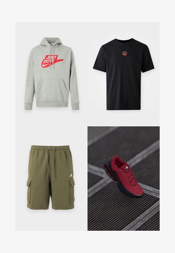 Lysegrå bomulds-hoodie med lomme foran, med stort rødt "JUST DO IT"-logo og Nike Swoosh-grafik på brystet.; Sort kortærmet T-shirt i bomuld med et sekskantet rødt og hvidt Nike-logo på brystet og en rund halsudskæring.; Olivengrønne Nike cargoshorts med elastisk taljebånd, justerbar snøre, sidelommer med klap og lille hvid Nike-logo på venstre lår.; Rød sneakers med en tekstureret overdel, der har sorte accenter og et fremtrædende design med luftcushioning sål. Snørebånd og logo er synlige ovenpå.