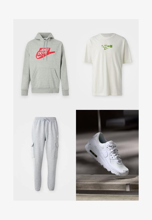 Lichtgrijze katoenen hoodie met een voorzak, voorzien van een grote rode "JUST DO IT"-logo en Nike Swoosh-afbeelding op de borst.; Witte katoenen t-shirt met een groene grafische print van het woord "NIKE" en logo. Korte mouwen en ronde halslijn. Soepele textuur.; Grijze sweatpants van zachte stof, met een elastische tailleband met trekkoord, twee zijzakken en taps toelopende boorden.; Witte Nike Air Max 90 sneaker met een bovenwerk van mesh en leer, een geperforeerde teenbox en een zichtbare luchtunit in de hiel.