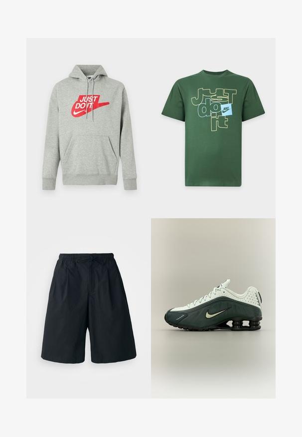 Sudadera con capucha de algodón gris claro con un bolsillo frontal, que presenta un gran logo rojo "JUST DO IT" y el gráfico del Swoosh de Nike en el pecho.; Camiseta verde de manga corta con el texto "Just do it" en amarillo y azul y un pequeño cuadrado azul con el logotipo de Nike en la parte delantera.; Pantalones cortos negros con cintura elástica y cordón ajustable. Hechos de una tela suave, con un corte holgado y sin patrones visibles.; Zapatilla Nike blanca y verde oscuro con suela negra tipo resorte y cordones, mostrada de perfil sobre un fondo neutro.