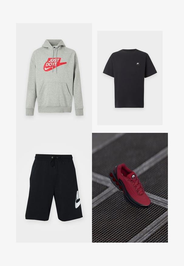 Sudadera con capucha de algodón gris claro con un bolsillo frontal, que presenta un gran logo rojo "JUST DO IT" y el gráfico del Swoosh de Nike en el pecho.; Camiseta negra de manga corta Nike Air con cuello redondo y pequeño logo blanco en el pecho izquierdo.; Pantalones cortos de algodón negro con cintura elástica y cordón, bolsillos laterales y gran logo blanco de Nike impreso en el muslo izquierdo. Diseño atlético clásico.; Zapatilla roja con un upper texturizado, que presenta acentos en negro y un diseño de suela con un prominente sistema de amortiguación de aire. Los cordones y el logo son visibles en la parte superior.