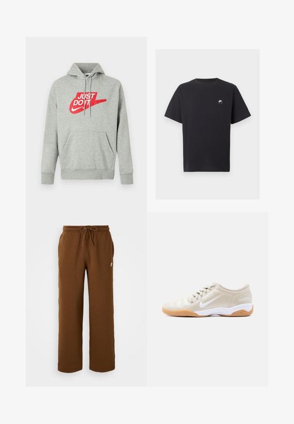Svetlosivé bavlnené mikina s kapucňou s predným vreckom, na hrudi s veľkým červeným nápisom "JUST DO IT" a grafikou loga Nike Swoosh.; Čierne tričko Nike Air s krátkym rukávom, okrúhlym výstrihom a malým bielym logom na ľavej strane hrude.; Hnedé tepláky vyrobené z mäkkého materiálu, s elastickým pásom na šnúrku, bočnými vreckami a bielym logom na ľavej strane.; Béžová vnútorná futbalová obuv Nike Total 90 III s bielym logom, bielou strednou podrážkou, gumovou podrážkou a béžovými šnúrkami zobrazená v bočnom profile.