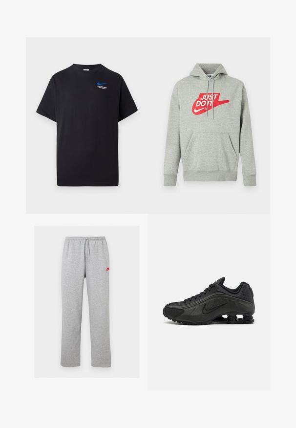 Svetlosivé bavlnené mikina s kapucňou s predným vreckom, na hrudi s veľkým červeným nápisom "JUST DO IT" a grafikou loga Nike Swoosh.; Čierne tričko s krátkym rukávom, s malým modrým Nike swoosh a bielym textom "ATHLETIC DEPT JUST DO IT." na hornej ľavej strane hrudi.; Svetlošedé tepláky s elastickým pásom a šnúrkou, s malým červeným logom Nike na hornej ľavej stehne.; Čierne bežecké topánky s hladkým syntetickým zvrškom, perforovanými akcentmi, textúrovanými bočnými panelmi a výraznou pružnou podrážkou.