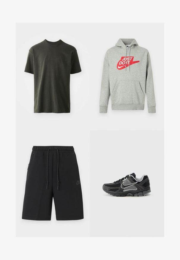 Sudadera con capucha de algodón gris claro con un bolsillo frontal, que presenta un gran logo rojo "JUST DO IT" y el gráfico del Swoosh de Nike en el pecho.; Camiseta verde oscura de tela suave, con cuello redondo y mangas cortas. Logo "nike" bordado en un verde ligeramente más oscuro.; Pantalones cortos deportivos negros de Nike con cintura elástica, cordón ajustable, bolsillos laterales y un logo sutil en el muslo izquierdo.; Zapatilla deportiva negra con paneles de malla y detalles sintéticos. Presenta una punta redondeada, suela gruesa acolchada y detalles de logo en blanco que contrastan.