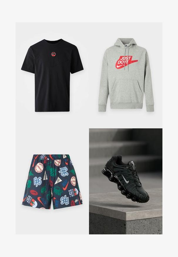 Hellgrauer Baumwoll-Hoodie mit einer Fronttasche, versehen mit einem großen roten "JUST DO IT"-Logo und dem Nike Swoosh-Grafik auf der Brust.; Schwarzes kurzärmeliges T-Shirt aus Baumwolle mit einem sechseckigen roten und weißen Nike-Logo auf der Brust und einem abgerundeten Ausschnitt.; Marineblaue Shorts mit elastischem Bund, versehen mit mehrfarbigen Nike-Logos, Texten und grafischen Aufnähern in Rot, Grün, Weiß und Blau.; Schwarzer und dunkelgrauer Nike-Laufschuh mit weißem Swoosh-Logo, der über einer Betonkante schwebt, im Hintergrund Treppen.
