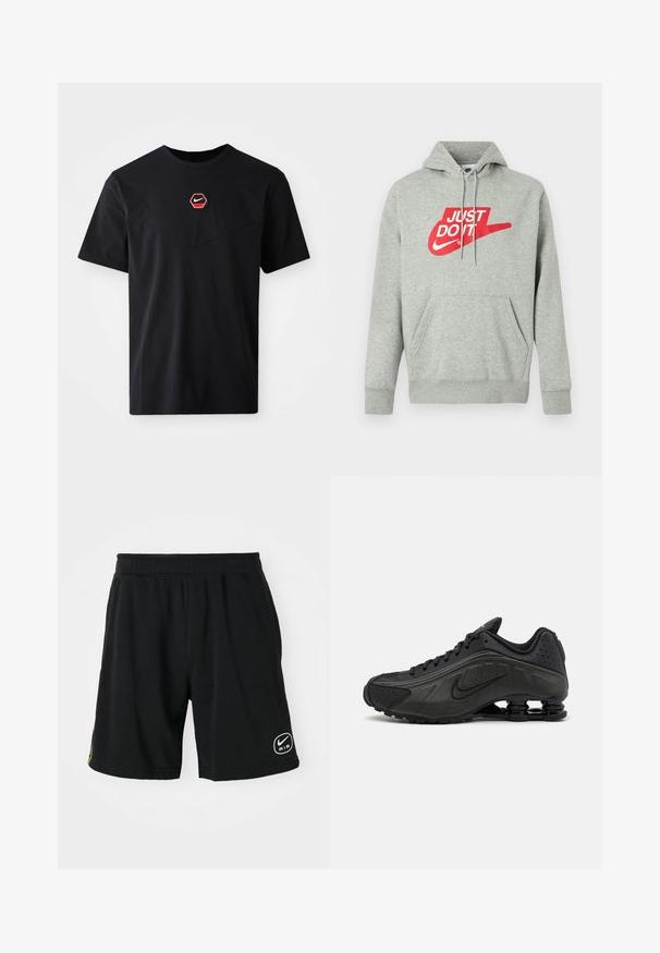 Lysegrå bomulds-hoodie med lomme foran, med stort rødt "JUST DO IT"-logo og Nike Swoosh-grafik på brystet.; Sort kortærmet T-shirt i bomuld med et sekskantet rødt og hvidt Nike-logo på brystet og en rund halsudskæring.; Sorte sportsshorts lavet af blødt stof, med en elastisk talje, logo-detalje og kontrasterende gule striber på siderne.; Sorte løbesko med en glat syntetisk overdel, perforerede detaljer, teksturerede sidedele og en distinkt fjedrende sål.