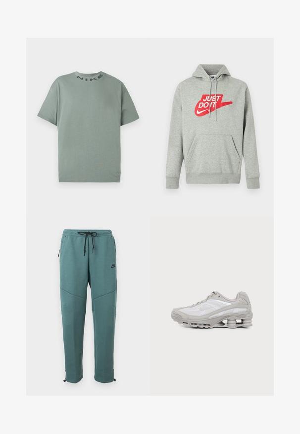 Svetlosivé bavlnené mikina s kapucňou s predným vreckom, na hrudi s veľkým červeným nápisom "JUST DO IT" a grafikou loga Nike Swoosh.; Svetlozelené tričko Nike s krátkym rukávom a okrúhlym výstrihom, s čiernym nápisom "NIKE" blízko goliera, zobrazené na jednoduchom bielom pozadí.; Tmavomodré tepláky Nike s čiernym šnúrkovým pásom, zipsovými bočnými vreckami, detailmi na kolenách a zúženými nohavicami s nastaviteľnými manžetami.; Šedá a biela športová teniska s viditeľnou podrážkou s vzduchovou vložkou a sieťovinovými panelmi, zobrazená v profile na jednoduchom svetlom pozadí.