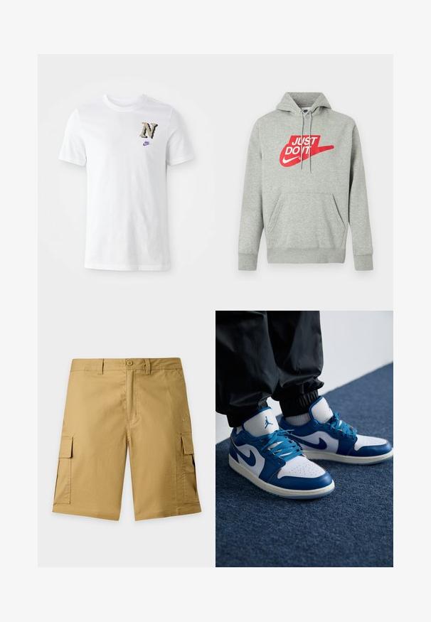 Sweat à capuche en coton gris clair avec une poche avant, arborant un grand logo rouge "JUST DO IT" et un graphisme Nike Swoosh sur la poitrine.; T-shirt en coton blanc avec un logo "N" au motif camouflage et un petit swoosh Nike violet sur la poitrine. Design classique à col rond.; Short cargo kaki avec bouton sur le devant, passants de ceinture, poches latérales à rabat et logo discret de la marque sur la poche droite de la jambe.; Les baskets Nike Air Jordan présentent une base en cuir blanc avec des accents en synthétique bleu, une boîte à orteils perforée et des lacets bleus.