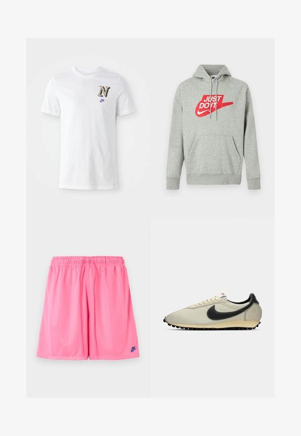 Sweat à capuche en coton gris clair avec une poche avant, arborant un grand logo rouge "JUST DO IT" et un graphisme Nike Swoosh sur la poitrine.; T-shirt en coton blanc avec un logo "N" au motif camouflage et un petit swoosh Nike violet sur la poitrine. Design classique à col rond.; Shorts de sport rose avec une ceinture élastique et un petit logo Nike bleu foncé sur la partie inférieure gauche de la jambe.; Baskets en toile beige avec des accents en cuir noir, bout arrondi, semelle noire plate et lacets blancs. Présente un logo noir proéminent.