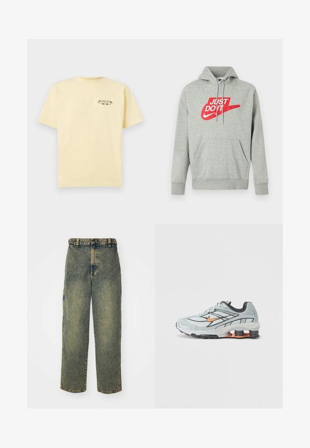 Sweat à capuche en coton gris clair avec une poche avant, arborant un grand logo rouge "JUST DO IT" et un graphisme Nike Swoosh sur la poitrine.; T-shirt en coton jaune avec des manches courtes et un col rond, comportant un logo graphique imprimé sur la partie gauche de la poitrine.; Jeans en denim ample avec un délavage bleu et vert. Comprend une fermeture à bouton, des passants de ceinture et des poches latérales. Pas de pli à l'avant et design à jambe droite.; Chaussure de course gris clair avec accents noirs, logo orange, tige en mesh, col rembourré et semelle en caoutchouc avec unités d'absorption des chocs visibles.