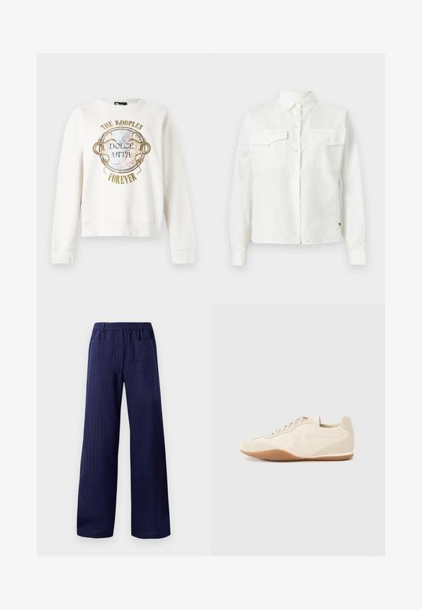 Sudadera blanca de manga larga con texto "The Kooples Forever" y "Dolce Vita" alrededor de un diseño circular de estilo vintage con serpientes entrelazadas.; Camisa blanca de manga larga con botones, bolsillos en el pecho y cuello clásico, colocada sobre un fondo claro.; Pantalones de pierna ancha en color navy con un acabado texturizado, cinturilla elástica y dos bolsillos traseros. Fabricados con un tejido ligero y transpirable.; Zapatillas deportivas color beige claro con parte superior de cuero texturizado, paneles laterales texturizados y suela de goma. Presentan un diseño elegante y estilizado con cordones planos.
