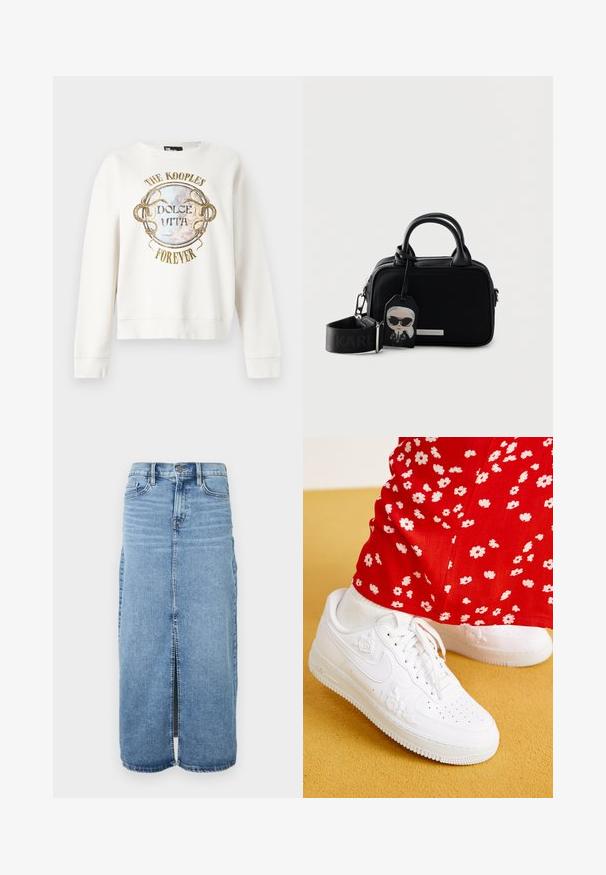Sweatshirt blanc à manches longues avec le texte « The Kooples Forever » et « Dolce Vita » entourant un motif circulaire vintage avec des serpents entrelacés.; Jupe maxi en denim bleu clair avec fente avant, fermeture à boutons et cinq poches. Dotée de coutures classiques et d'un design droit.; Baskets en cuir blanc avec des accents floraux en relief, bout rond et semelle en caoutchouc texturée. Associées à un pantalon rouge avec un imprimé floral blanc.; Petit sac à main noir avec doubles poignées, sangle large amovible, fermeture éclair argentée et porte-clés personnage de dessin animé attaché.
