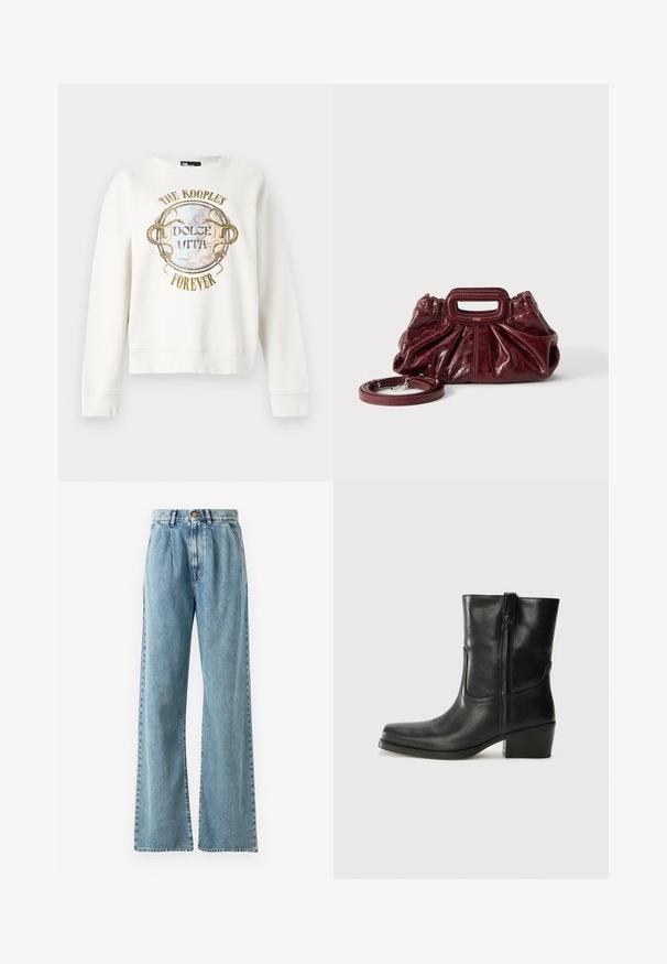 Biela dlhoprstá mikina s textom "The Kooples Forever" a "Dolce Vita" okolo kruhového vintage motívu so spletenými hadmi.; Svetlomodré nohavice s vysokým pásom a širokými nohavicami vyrobené z denimu, s gombíkovým zapínaním, výrazným prešívaním a vreckami.; Čierne kožené členkové topánky s okrúhlou špičkou, blokovým podpätkom, bočným zipsom a prešívaním na priehlavku. Hladká textúra, klasický dizajn.; Malá tmavočervená kožená kabelka so zhromaždenou textúrou, obdĺžnikovým výrezom na rukoväti a odnímateľným ramenným popruhom na bielom pozadí.