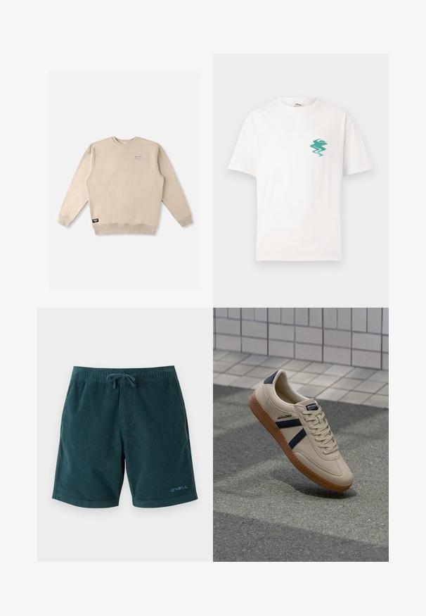 Sweat-shirt beige à col rond en tissu doux, avec un petit écusson logo sur la poitrine et une étiquette de marque sur l'ourlet inférieur.; T-shirt blanc à manches courtes avec un petit logo abstrait de vague et de montagne verte sur la poitrine gauche, sur fond uni.; Shorts de bain en velours côtelé teal foncé avec une taille élastique et un cordon de serrage. Dispose d'un logo sur la jambe inférieure droite. Texture lisse, design jusqu'aux genoux.; Baskets beiges avec une finition texturée, bandes navy et semelle en caoutchouc. Équipées d'une languette rembourrée et d'un système de laçage traditionnel pour un maintien sécurisé.