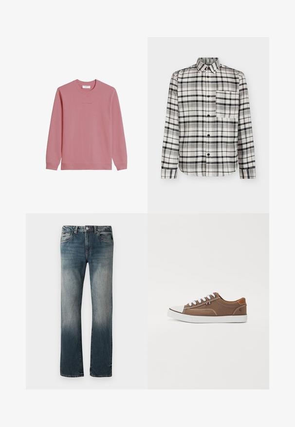Mikina s dlhým rukávom a okrúhlym výstrihom v tlmenej ružovej farbe s rebrovanými manžetami a lemom, s jemným logom "Marc O'Polo DENIM" na hrudi.; Košeľa s gombíkmi v čierno-bielom károvanom vzore; dlhé rukávy, jedna náprsné vrecko a klasický golier, vyrobená z jemnej látky.; Pánske rovné modré denimové džínsy s vyblednutým umývaním a dizajnom s piatimi vreckami na bielom pozadí.; Hnedé plátené tenisky s bielymi šnúrkami, gumovým špicom a kontrastnými tanovými akcentmi na päte, s malou trojfarebnou emblemou.