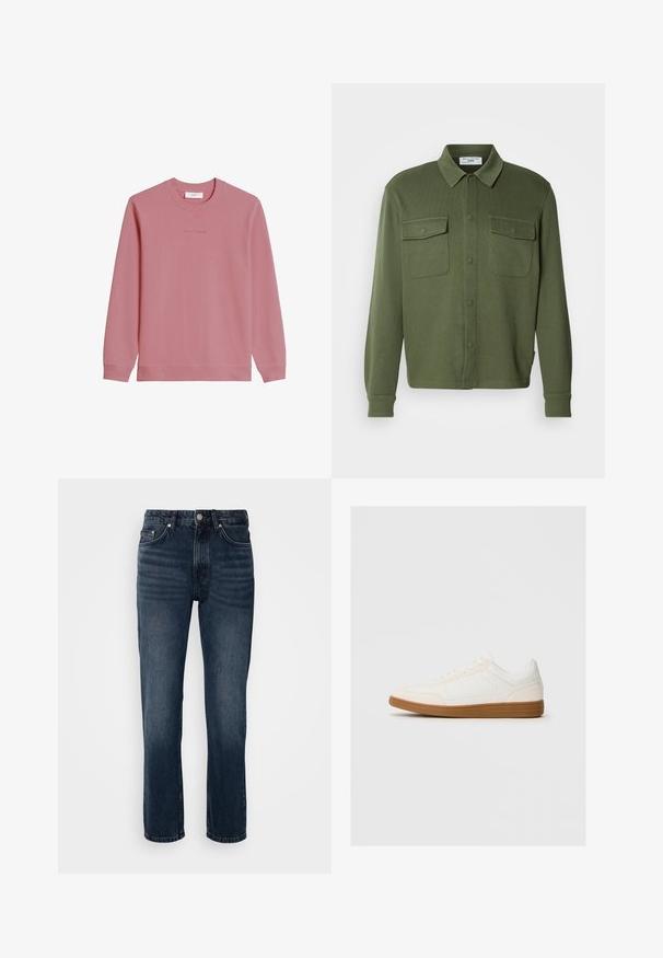Langärmliges Sweatshirt mit Rundhalsausschnitt in gedecktem Rosa mit gerippten Bündchen und Saum, mit dezentem "Marc O'Polo DENIM" Logo auf der Brust.; Olivgrünes Hemd zum Knöpfen aus strukturiertem Stoff, mit zwei Brusttaschen und einem Kragen mit Knopfverschluss.; Dunkelblaue Jeans aus Denim mit geradem Bein, ausgestattet mit fünf Taschen, einem Knopf- und Reißverschluss sowie dezenten Ausbleichungen.; Weißer Sneaker mit einer Wildleder-Zehenkappe, glattem Synthetik-Obermaterial und einer sandfarbenen Gummisohle. Verfügt über Perforationen an den Seiten für Atmungsaktivität.