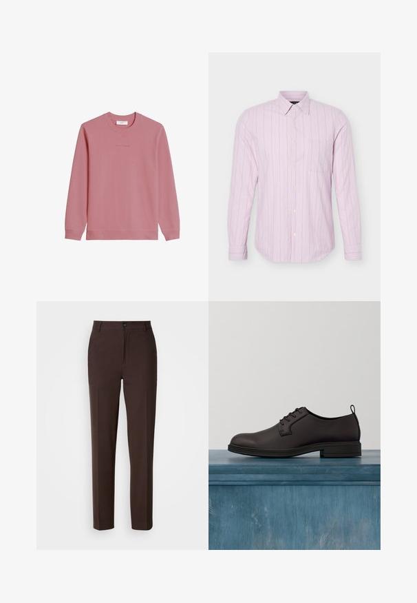 Pikemate varrukatega roosaka tooniga pusa, millel on soonikkoes mansetid ja alumine äär; rinnal on peen "Marc O'Polo DENIM" logo.; Hele roosa pika varrukaga nööpidega särk, millel on õhukesed vertikaalsed valged triibud ja üks rinnatasku, kuvatud valgel taustal.; Pruunid püksid sirge jala kujundusega, ühtse esivoltiga, nööbikinnitusega ja sileda kangatekstuuriga.; Tumepruun nahast king, sileda tekstuuriga, pitsidega kinnituv, ümmarguse etteotsa ja madala musta kummist tallaga. Kaunistatud tagumise tõmbeauguga.