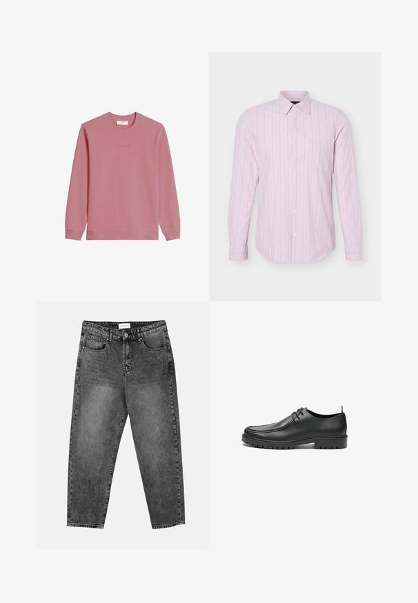 Langærmet sweatshirt med rund hals i dæmpet pink med ribstrikkede manchetter og kant, med subtilt "Marc O'Polo DENIM"-logo på brystet.; Lyserød skjorte med lange ærmer, knapper og tynde lodrette hvide striber samt en enkelt brystlomme, vist på hvid baggrund.; Sorte vasket straight-leg jeans med for- og baglommer, bæltestropper og knaplukning i taljen.; Sorte lædersko med en glat overflade, rund tå og dekorativ stikning. Har en gummisål med skridsikre spor og snørebåndsdesign.