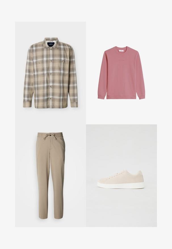 Sweat-shirt à manches longues et col rond de couleur rose pâle avec poignets et ourlet côtelés, arborant un logo discret "Marc O'Polo DENIM" sur la poitrine.; Chemise à manches longues à carreaux beige et marron, avec boutons sur le devant et deux poches poitrine, présentée sur un fond blanc.; Pantalon beige en tissu doux, doté d'une taille à cordon de serrage et d'une coupe décontractée, avec des jambes droites et sans poches visibles.; Baskets en daim beige avec semelles en caoutchouc blanc, bout rond et six œillets pour les lacets. Texture lisse avec un design minimaliste.