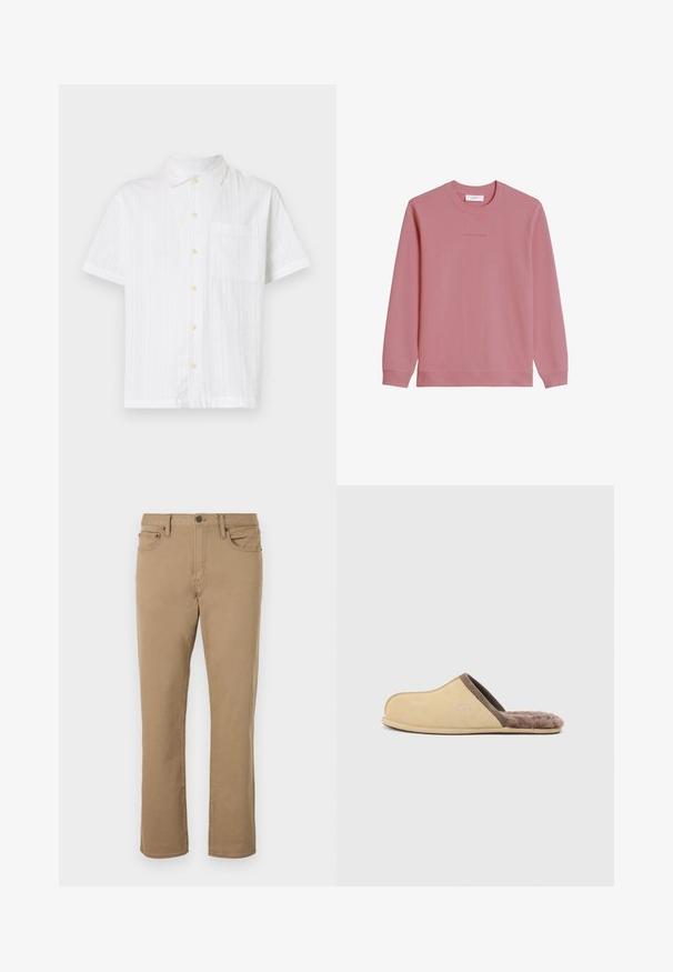 Trui met lange mouwen en ronde hals in zachtroze, met geribbelde manchetten en zoom, met subtiel "Marc O'Polo DENIM" logo op de borst.; Witte short-sleeve shirt met een knoopsluiting aan de voorkant, voorzien van een enkele zak, gestructureerde stof en lichtgele knopen.; Beige broeken met rechte pijpen, voorste knoop, ritssluiting, riemlussen en een ontwerp met vijf zakken op een witte achtergrond.; Beige instapslof met bruine bies en zachte bontvoering, platte zool en gesloten neus, zijaanzicht tegen een effen lichte achtergrond.