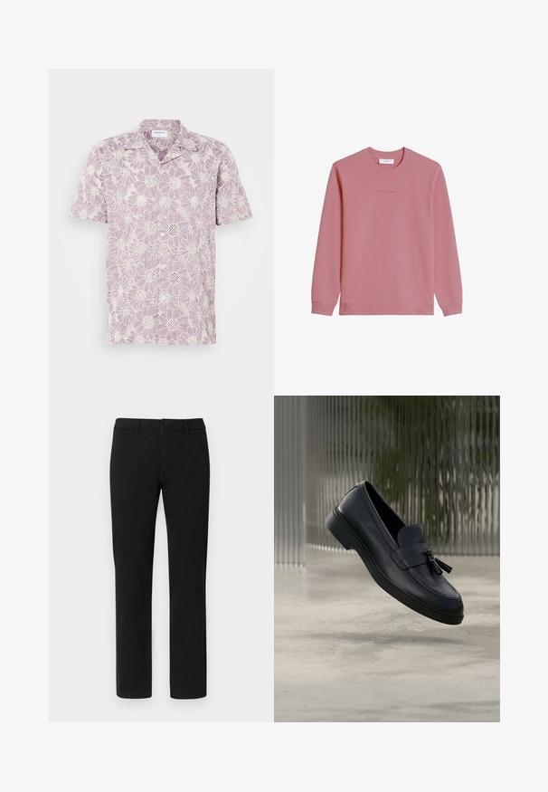 Trui met lange mouwen en ronde hals in zachtroze, met geribbelde manchetten en zoom, met subtiel "Marc O'Polo DENIM" logo op de borst.; Korte mouw blouse in lichtpaars met een bloemenprint, featuring witte madeliefjes en een kantstructuur. Knopsluiting aan de voorkant.; Zwarte chino's met een rechte pijp, gemaakt van een gladde katoenmix, voorzien van riemlussen en een knoopsluiting aan de voorkant.; Zwarte leren loafers met een gladde textuur, een afgeronde neus en decoratieve kwastjes aan de voorkant. Flexibele rubberen zool met lage hak.