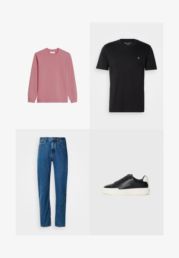 Pitkähihainen pyöreäkauluksinen collegepaita hillityn vaaleanpunaisena, jossa on resorit hihansuissa ja helmassa sekä hillitty "Marc O'Polo DENIM" -logo rinnassa.; Musta puuvillainen t-paita, jossa on pyöreä kaula-aukko, lyhyet hihat ja pieni valkoinen "M OP" -logo vasemmassa rinnassa. Sileä rakenne, yksinkertainen muotoilu.; Siniset suorat farkut viidellä taskulla ja etupainon sulkimella valkoista taustaa vasten.; Mustat nahkasneakerit valkoisella kumipohjalla. Ominaisuuksia ovat pyöreä kärki, nauhakiinnitys ja logotyyli sivulla. Takasaumassa valkoinen yksityiskohta.