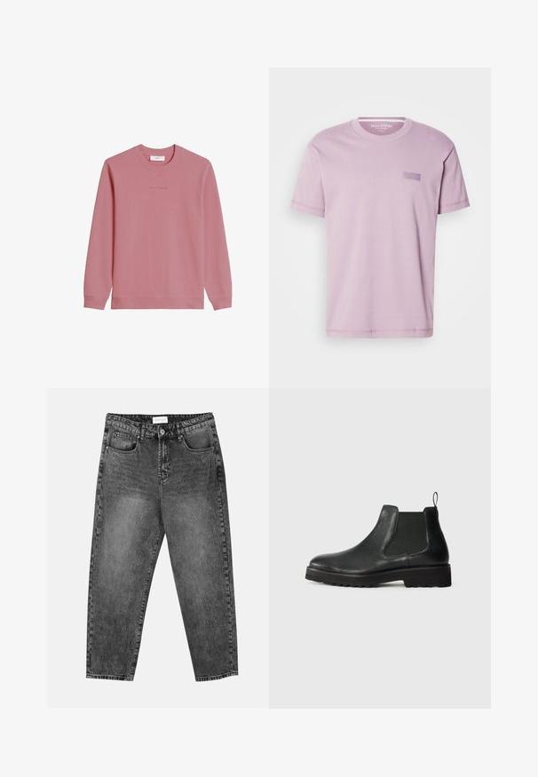 Trui met lange mouwen en ronde hals in zachtroze, met geribbelde manchetten en zoom, met subtiel "Marc O'Polo DENIM" logo op de borst.; Lichtpaarse katoenen T-shirt met ronde hals en korte mouwen. Heeft een klein rechthoekig logo-opgenaaid op de borst. Glad van textuur.; Zwart gewassen rechte jeans met voor- en achterzakken, riemlussen en een knoopsluiting in de taille.; Zwarte leren chelsea boot met een elastische zijpaneel, ronde neus, gestructureerde zool en een klein trek lusje bij de hiel.