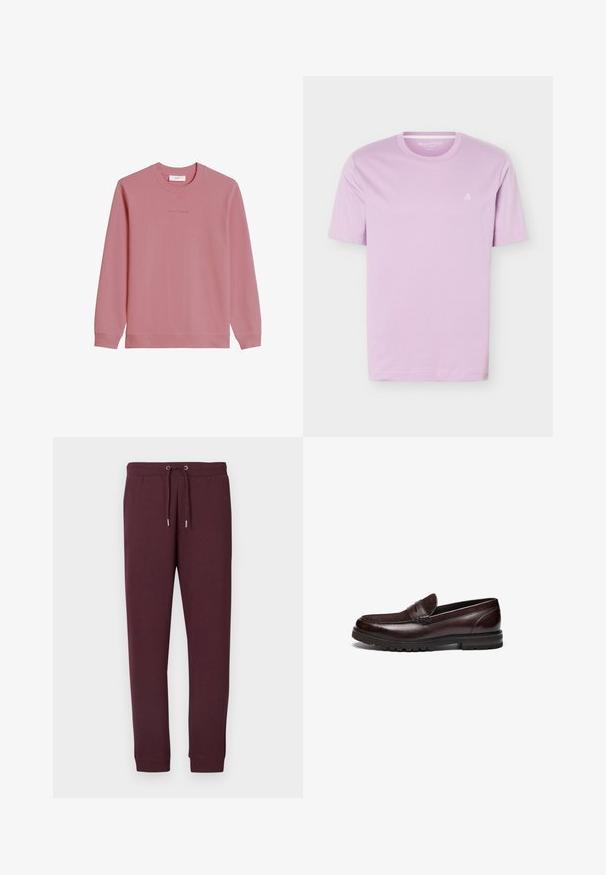 Langærmet sweatshirt med rund hals i dæmpet pink med ribstrikkede manchetter og kant, med subtilt "Marc O'Polo DENIM"-logo på brystet.; Lyse lilla T-shirt med korte ærmer og rund halsudskæring, med lille hvidt "M OP"-logo på venstre bryst, vist på en hvid baggrund.; Vinrøde joggingbukser lavet af blødt stof, med elastisk taljebånd med snøre og ribstrikkede manchetter ved anklene. Ingen lommer.; Brune læder loafers med en ruskindsdetalje, rund tå og tekstureret gummisål. Har syet detaljering og en let hæl.