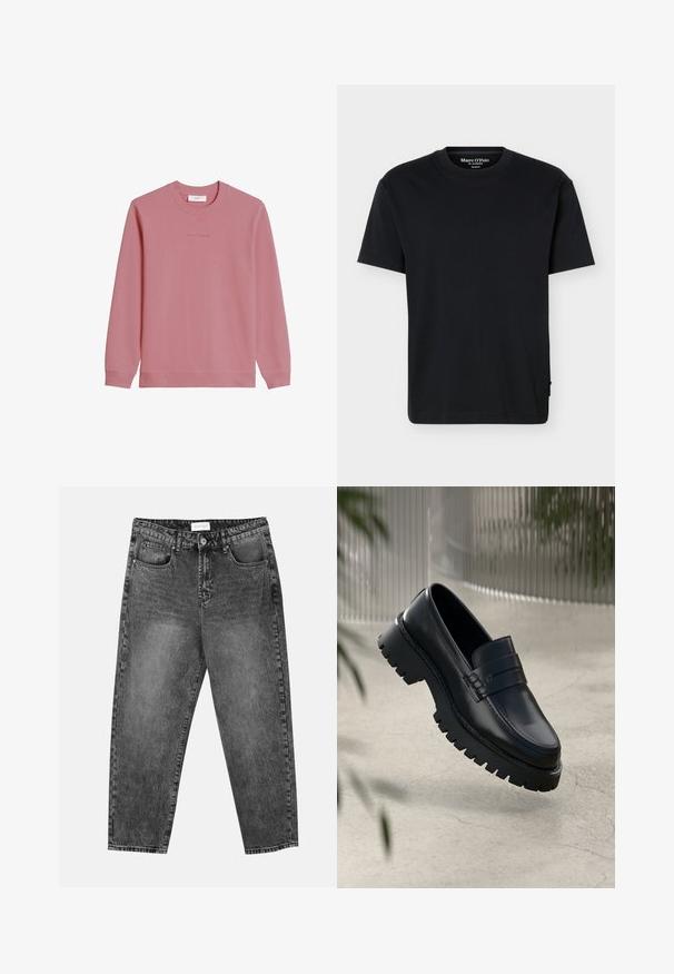 Trui met lange mouwen en ronde hals in zachtroze, met geribbelde manchetten en zoom, met subtiel "Marc O'Polo DENIM" logo op de borst.; Zwart T-shirt met korte mouwen, ronde hals, een relaxte pasvorm en Marc O’Polo branding aan de binnenkant van de kraag, op een effen achtergrond.; Zwart gewassen rechte jeans met voor- en achterzakken, riemlussen en een knoopsluiting in de taille.; Zwarte leren instappers met een chunky loopzool, voorzien van een decoratieve band en stikseldetails. Gladde textuur met een gepolijste afwerking.