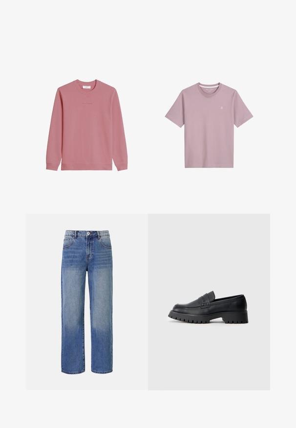 Mikina s dlhým rukávom a okrúhlym výstrihom v tlmenej ružovej farbe s rebrovanými manžetami a lemom, s jemným logom "Marc O'Polo DENIM" na hrudi.; Svetloružové tričko s krátkym rukávom z mäkkej látky, s okrúhlym výstrihom a malým vyšívaným logom na hrudi.; Svetlo modré riflové nohavice s širokými nohavicami a vzorom blednutia, s piatimi vreckami a zapínaním na zips. Majú gombík a pútka na opasok v oblasti pása.; Čierne kožené mokasíny s okrúhlou špičkou, ktoré majú dekoračný pásik a masívnu gumovú podrážku s hlbokým dezénom pre lepšiu trakciu.
