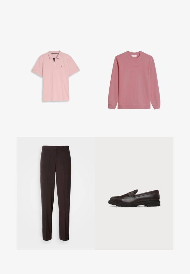 Sweat-shirt à manches longues et col rond de couleur rose pâle avec poignets et ourlet côtelés, arborant un logo discret "Marc O'Polo DENIM" sur la poitrine.; Polo à manches courtes rose clair avec deux boutons et petit logo noir sur le côté gauche de la poitrine, sur un fond uni.; Pantalon noir sur mesure de coupe droite, présentant une texture lisse et une taille avec une fermeture à bouton unique.; Mocassin penny en cuir et daim marron foncé avec semelle épaisse en caoutchouc noir, profil latéral sur fond blanc.