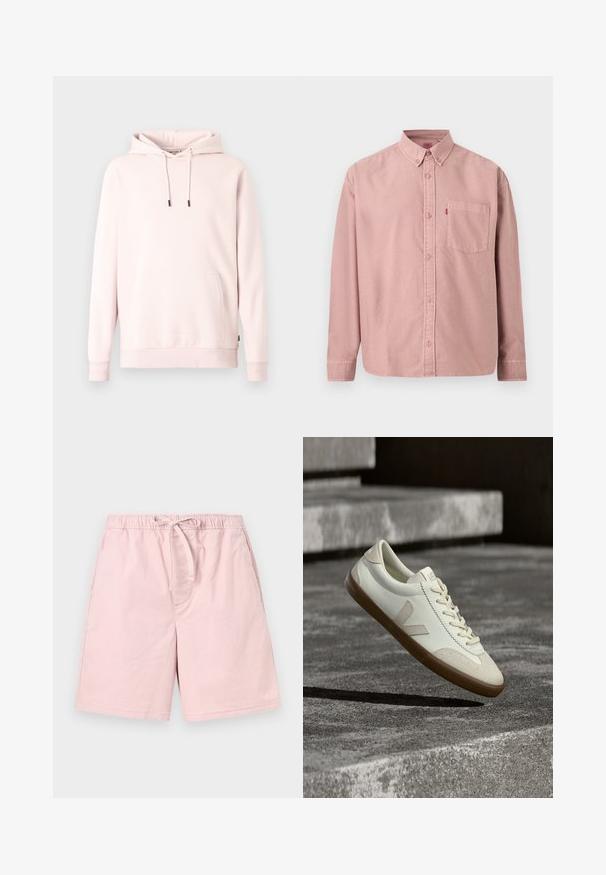 Sweat à capuche rose clair en tissu doux. Comprend une poche avant, une capuche à cordon ajustable et des poignets côtelés. Design simple et minimaliste.; Chemise rose à manches longues avec boutons, poche avant et col boutonné, présentée sur un fond uni.; Shorts décontractés rose clair avec taille élastique et cordon de serrage, avec poches latérales, sur fond uni clair.; Baskets en cuir blanc avec semelle en caoutchouc beige, lacets plats et accent en forme de V sur le côté. Présentent une surface lisse et peu de détails de couture.