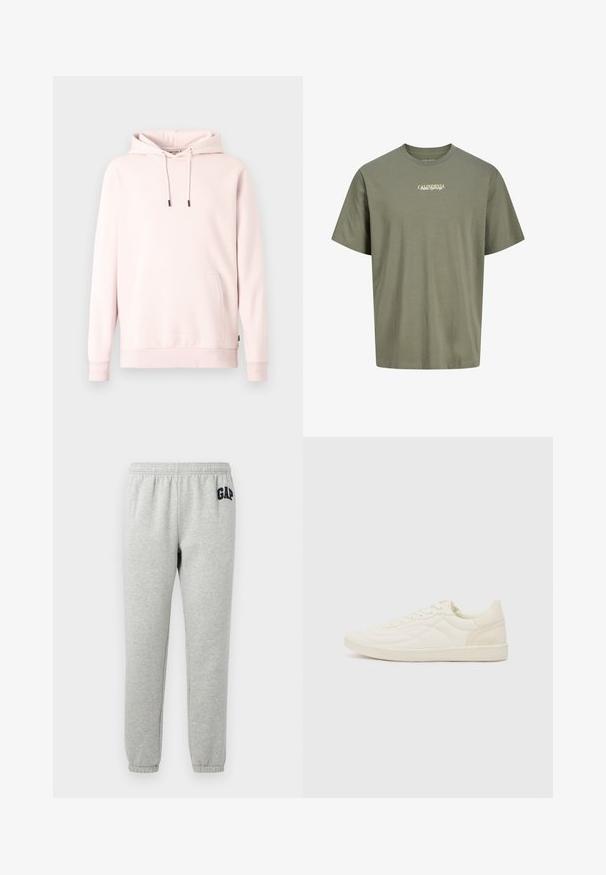 Lichtroze hoodie gemaakt van zachte stof. Voorzien van een voorzak, verstelbare capuchon met trekkoord en geribbelde manchetten. Eenvoudig, minimalistisch ontwerp.; Olivgroen T-shirt met korte mouwen met de tekst ""California Palm Springs"" in kleine lichtgele letters op de borst, weergegeven tegen een effen achtergrond.; Grijze sweats met een elastische tailleband, cuffed enkels, en een marineblauwe "GAP" logo op de linker boven dij. Zachte, katoenen stofmix.; ALDO THEPITCH - Sneakers laag - white