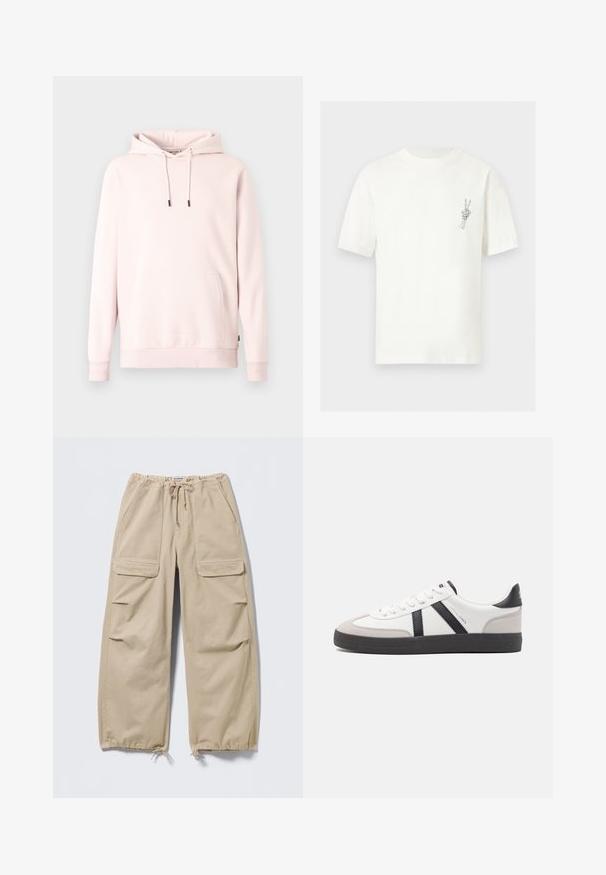 Sweat à capuche rose clair en tissu doux. Comprend une poche avant, une capuche à cordon ajustable et des poignets côtelés. Design simple et minimaliste.; T-shirt blanc à manches courtes avec un petit dessin au trait noir d'une main squelettique faisant un signe de paix sur la poitrine gauche.; Pantalon cargo large beige avec taille et ourlets à cordon de serrage, poches à rabat sur les cuisses et poches fendues latérales.; Baskets blanches avec des accents noirs et gris, présentant un embout texturé gris, une semelle en caoutchouc noir et des lacets plats blancs. Design épuré, style minimaliste.