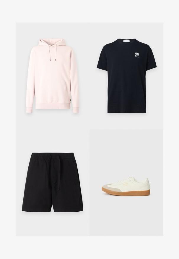 Sweat à capuche rose clair en tissu doux. Comprend une poche avant, une capuche à cordon ajustable et des poignets côtelés. Design simple et minimaliste.; T-shirt noir à manches courtes et col rond avec un petit caractère japonais blanc et le texte « Traditional Fishing » sur le côté gauche de la poitrine.; Shorts décontractés noirs avec ceinture élastique et cordon de serrage, poches avant et ourlet droit sur un fond uni.; Baskets en cuir blanc avec une coque beige et une semelle en caoutchouc marron clair. Dotées de lacets blancs plats et d'un logo embossé sur le côté.